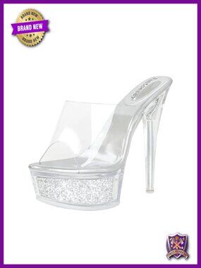 High Heeled Platform Sandals with Clear Heels, Glitter Sparkly Stilettos, Slip